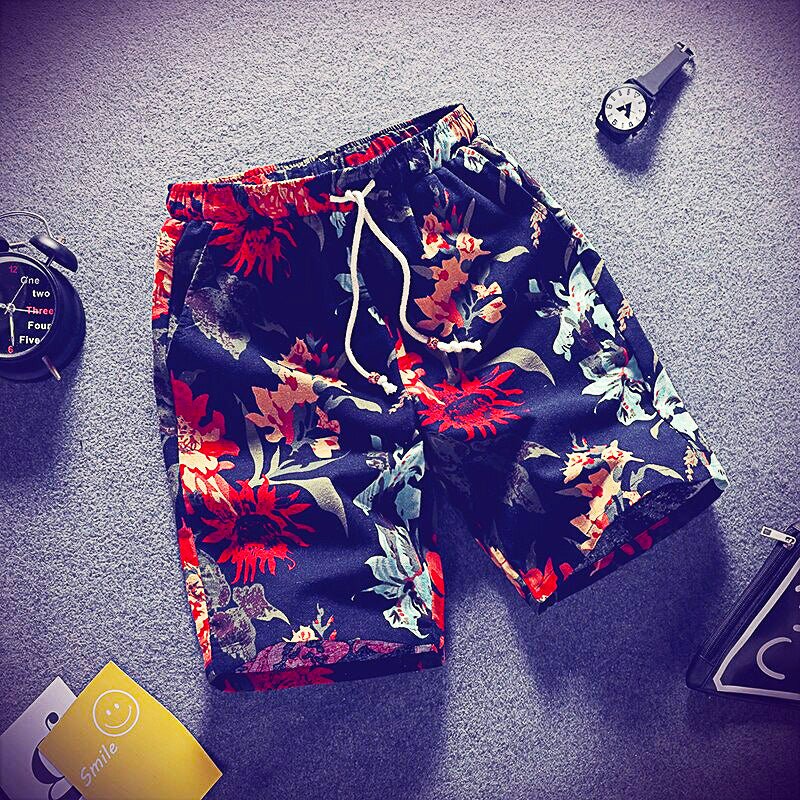 Mens Beach Pants Casual Beach Floral Shorts Straight Cotton Linen Bermuda Hawaiian Short Pants D396 - Lusy Store