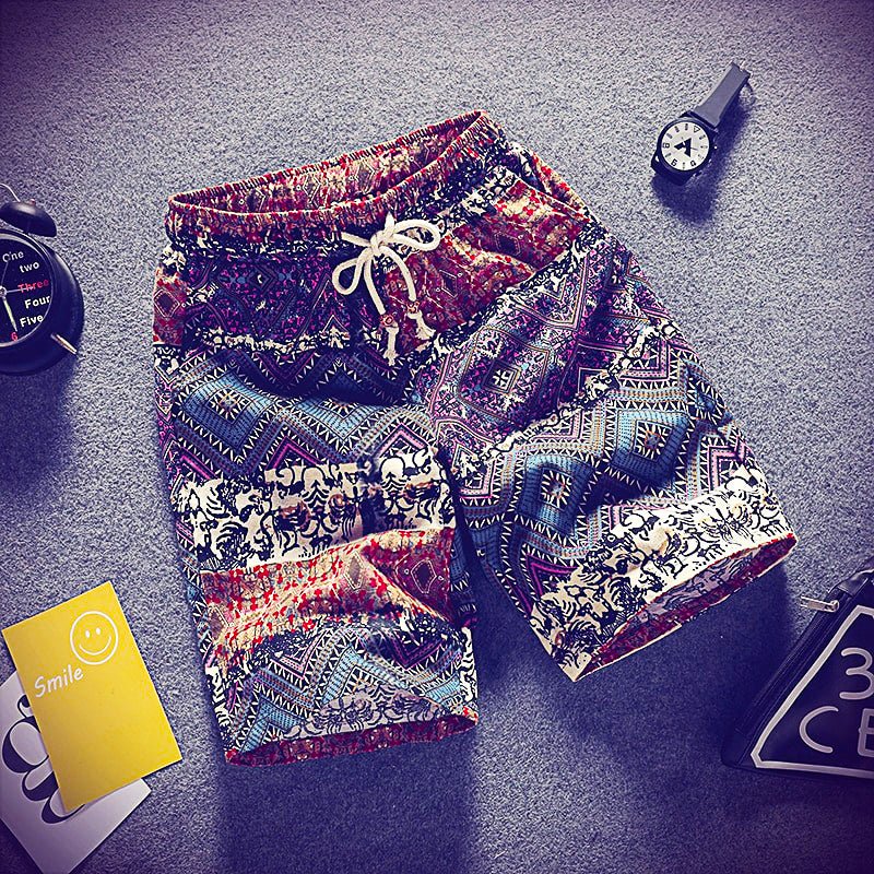 Mens Beach Pants Casual Beach Floral Shorts Straight Cotton Linen Bermuda Hawaiian Short Pants D396 - Lusy Store