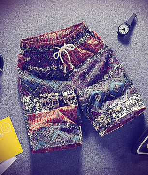 Mens Beach Pants Casual Beach Floral Shorts Straight Cotton Linen Bermuda Hawaiian Short Pants D396 - Lusy Store