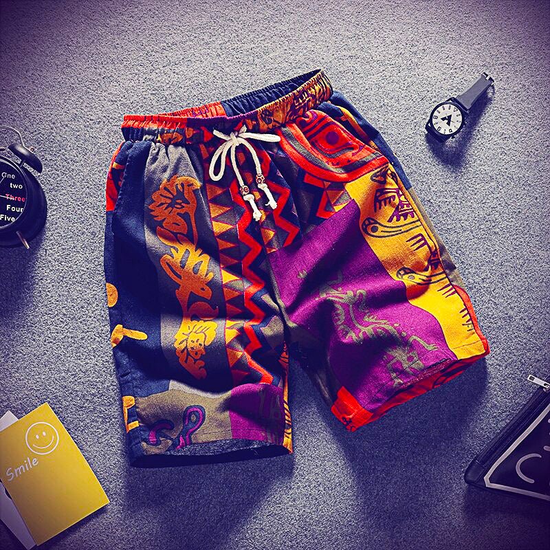 Mens Beach Pants Casual Beach Floral Shorts Straight Cotton Linen Bermuda Hawaiian Short Pants D396 - Lusy Store