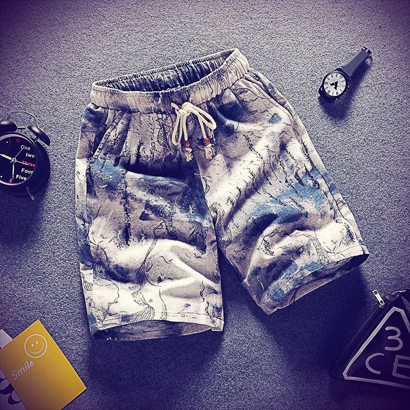 Mens Beach Pants Casual Beach Floral Shorts Straight Cotton Linen Bermuda Hawaiian Short Pants D396 - Lusy Store