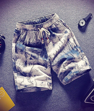 Mens Beach Pants Casual Beach Floral Shorts Straight Cotton Linen Bermuda Hawaiian Short Pants D396 - Lusy Store