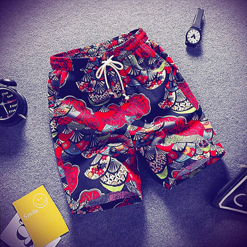 Mens Beach Pants Casual Beach Floral Shorts Straight Cotton Linen Bermuda Hawaiian Short Pants D396 - Lusy Store