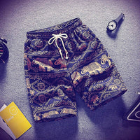 Mens Beach Pants Casual Beach Floral Shorts Straight Cotton Linen Bermuda Hawaiian Short Pants D396 - Lusy Store