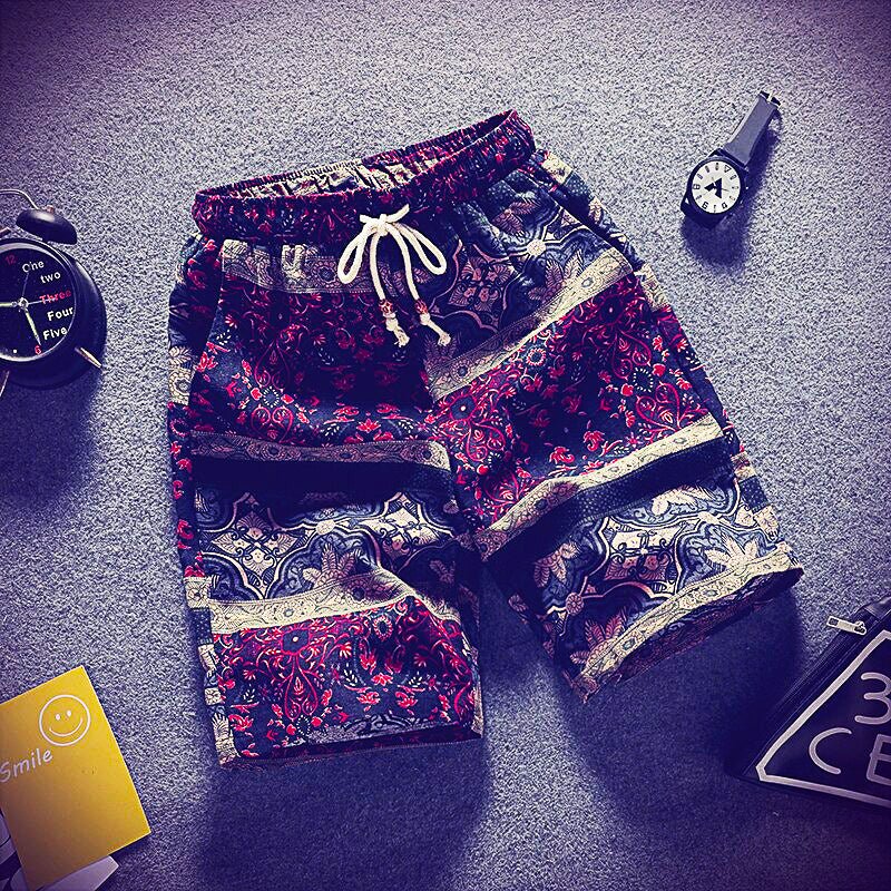 Mens Beach Pants Casual Beach Floral Shorts Straight Cotton Linen Bermuda Hawaiian Short Pants D396 - Lusy Store