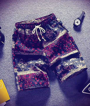 Mens Beach Pants Casual Beach Floral Shorts Straight Cotton Linen Bermuda Hawaiian Short Pants D396 - Lusy Store