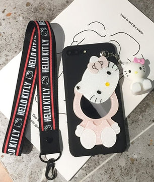 Mirror Hello Kitty Soft Cases stander+Strap For iphone X 6 6S 7 7Plus 8 8Plus 5 5S SE 6plus with Lanyard - Lusy Store