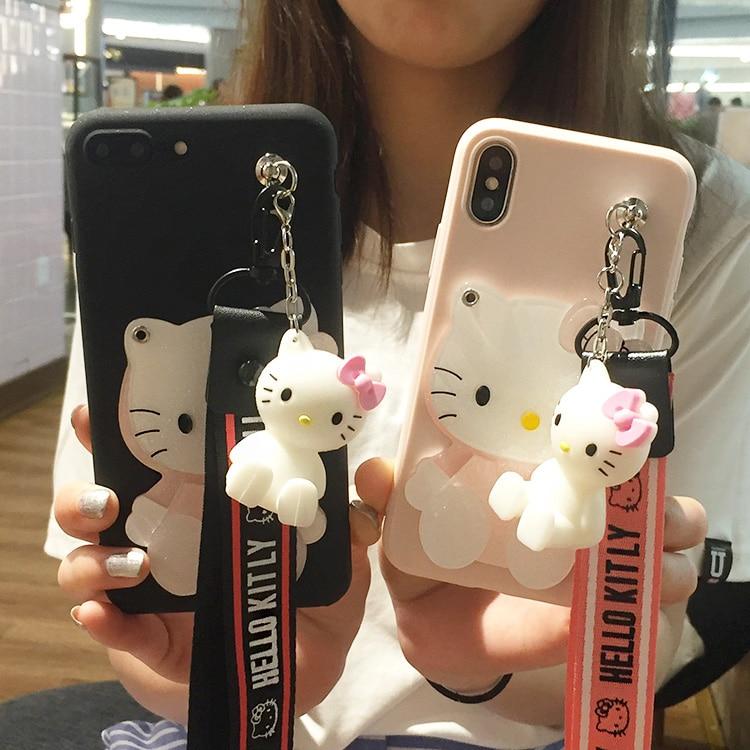 Mirror Hello Kitty Soft Cases stander+Strap For iphone X 6 6S 7 7Plus 8 8Plus 5 5S SE 6plus with Lanyard - Lusy Store