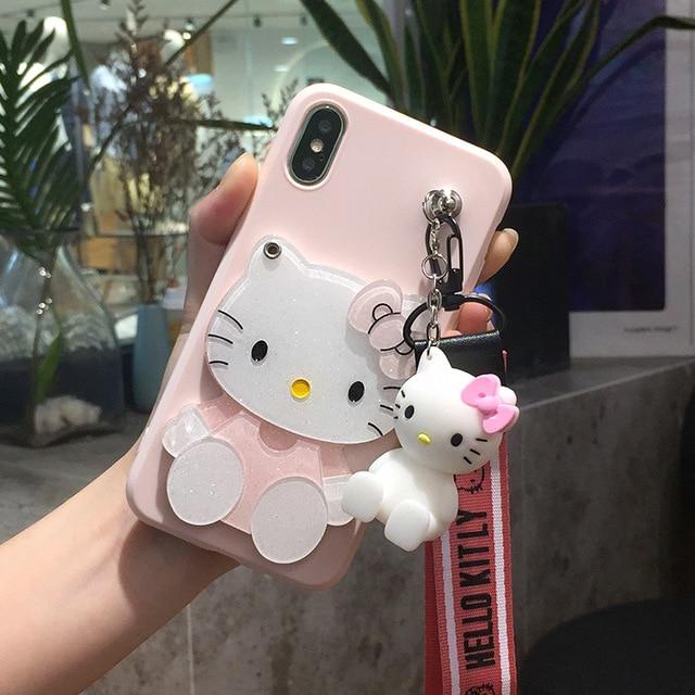 Mirror Hello Kitty Soft Cases stander+Strap For iphone X 6 6S 7 7Plus 8 8Plus 5 5S SE 6plus with Lanyard - Lusy Store
