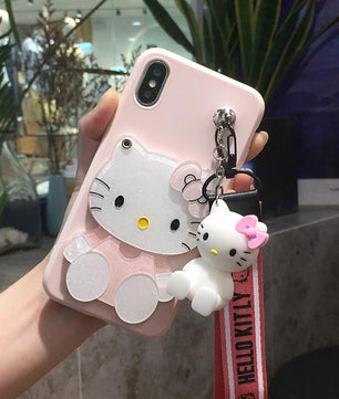 Mirror Hello Kitty Soft Cases stander+Strap For iphone X 6 6S 7 7Plus 8 8Plus 5 5S SE 6plus with Lanyard - Lusy Store