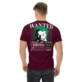 One Piece t-shirt mens classic tee Wanted Roronoa Zoro cotton soft t-shirt Maroon