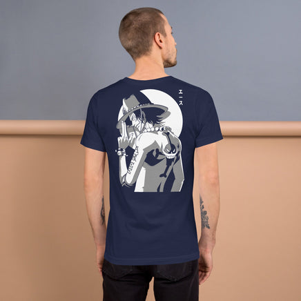 One Piece t-shirt unisex staple Portgas D Ace round neck shirt cotton Navy