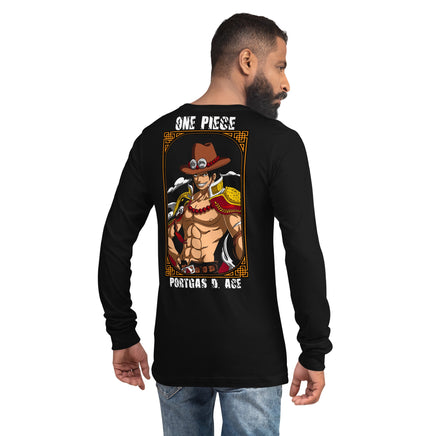 One Piece unisex long tee Portgas D Ace cotton Black
