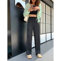 Palazzo Pants For Women Black Wide Leg Bottoms Stripe Full Length Trousers High Waist Causal Elastic D380 - Lusy Store