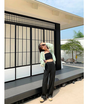 Palazzo Pants For Women Black Wide Leg Bottoms Stripe Full Length Trousers High Waist Causal Elastic D380 - Lusy Store