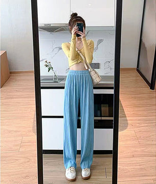 Palazzo Pants For Women Black Wide Leg Bottoms Stripe Full Length Trousers High Waist Causal Elastic D380 - Lusy Store
