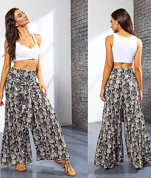 Palazzo Pants For Women Boho Extra Wide Leg Ethnic Tribal Elastic High Waist Loose Trousers Beach D377 - Lusy Store