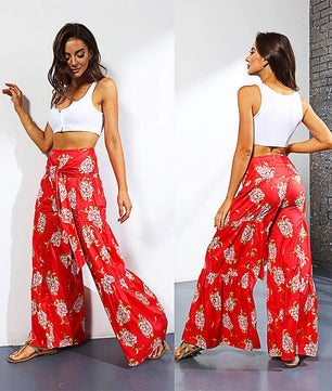Palazzo Pants For Women Boho Extra Wide Leg Ethnic Tribal Elastic High Waist Loose Trousers Beach D377 - Lusy Store