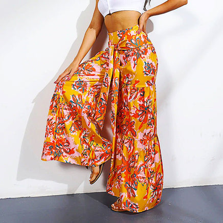 Palazzo Pants For Women Boho Extra Wide Leg Ethnic Tribal Elastic High Waist Loose Trousers Beach D377 - Lusy Store