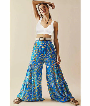 Palazzo Pants For Women Boho Extra Wide Leg Ethnic Tribal Elastic High Waist Loose Trousers Beach D377 - Lusy Store