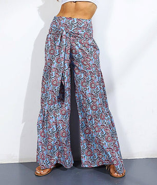Palazzo Pants For Women Boho Extra Wide Leg Ethnic Tribal Elastic High Waist Loose Trousers Beach D377 - Lusy Store