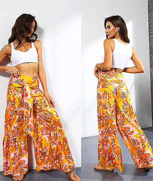Palazzo Pants For Women Boho Extra Wide Leg Ethnic Tribal Elastic High Waist Loose Trousers Beach D377 - Lusy Store