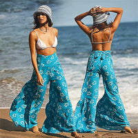 Palazzo Pants For Women Boho Extra Wide Leg Ethnic Tribal Elastic High Waist Loose Trousers Beach D377 - Lusy Store