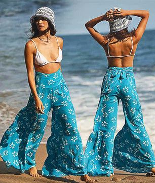 Palazzo Pants For Women Boho Extra Wide Leg Ethnic Tribal Elastic High Waist Loose Trousers Beach D377 - Lusy Store