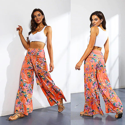 Palazzo Pants For Women Boho Extra Wide Leg Ethnic Tribal Elastic High Waist Loose Trousers Beach D377 - Lusy Store