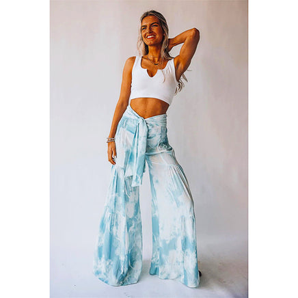 Palazzo Pants For Women Boho Extra Wide Leg Ethnic Tribal Elastic High Waist Loose Trousers Beach D377 - Lusy Store