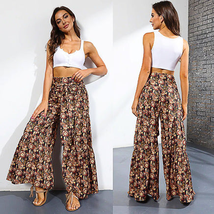 Palazzo Pants For Women Boho Extra Wide Leg Ethnic Tribal Elastic High Waist Loose Trousers Beach D377 - Lusy Store