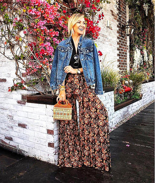 Palazzo Pants For Women Boho Extra Wide Leg Ethnic Tribal Elastic High Waist Loose Trousers Beach D377 - Lusy Store