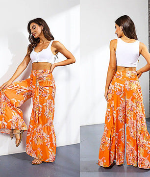Palazzo Pants For Women Boho Extra Wide Leg Ethnic Tribal Elastic High Waist Loose Trousers Beach D377 - Lusy Store
