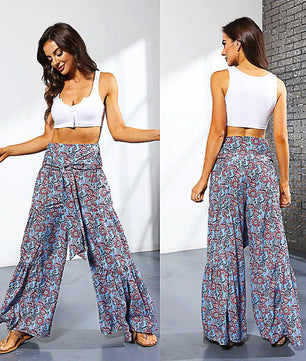 Palazzo Pants For Women Boho Extra Wide Leg Ethnic Tribal Elastic High Waist Loose Trousers Beach D377 - Lusy Store