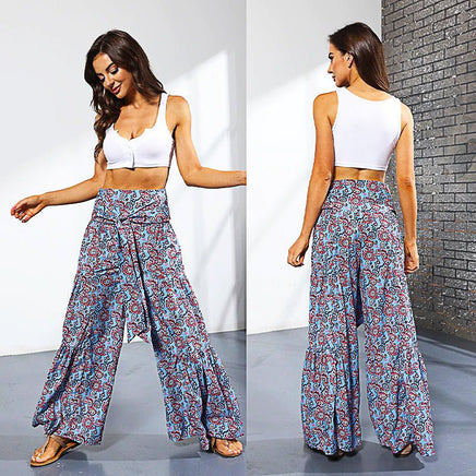 Palazzo Pants For Women Boho Extra Wide Leg Ethnic Tribal Elastic High Waist Loose Trousers Beach D377 - Lusy Store