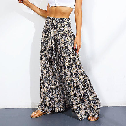 Palazzo Pants For Women Boho Extra Wide Leg Ethnic Tribal Elastic High Waist Loose Trousers Beach D377 - Lusy Store