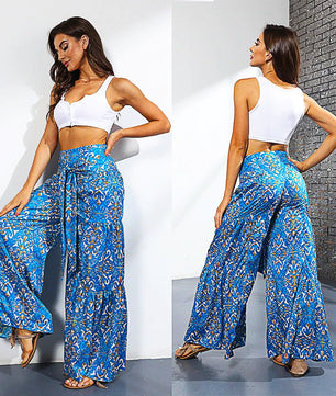 Palazzo Pants For Women Boho Extra Wide Leg Ethnic Tribal Elastic High Waist Loose Trousers Beach D377 - Lusy Store