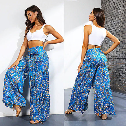 Palazzo Pants For Women Boho Extra Wide Leg Ethnic Tribal Elastic High Waist Loose Trousers Beach D377 - Lusy Store