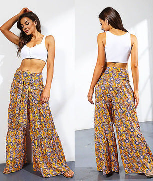 Palazzo Pants For Women Boho Extra Wide Leg Ethnic Tribal Elastic High Waist Loose Trousers Beach D377 - Lusy Store