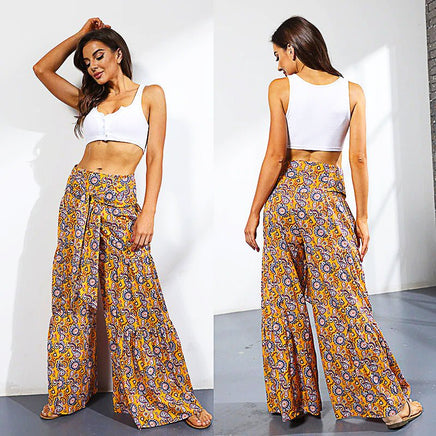 Palazzo Pants For Women Boho Extra Wide Leg Ethnic Tribal Elastic High Waist Loose Trousers Beach D377 - Lusy Store