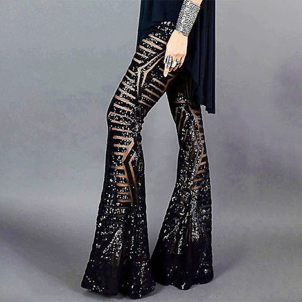 Palazzo Pants For Women High Waisted Wide Leg Bling Sequin Flared Trousers D378 Black
