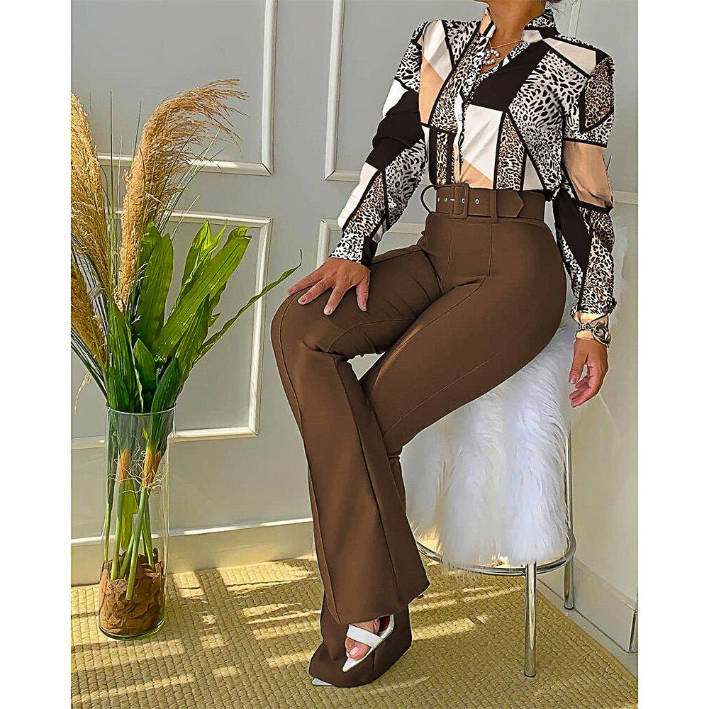 Pantsuit Dress Casual Fashion Suit Shirt & High Waist Pants Set Chic And Elegant D381 - Lusy Store