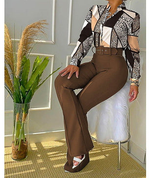 Pantsuit Dress Casual Fashion Suit Shirt & High Waist Pants Set Chic And Elegant D381 - Lusy Store