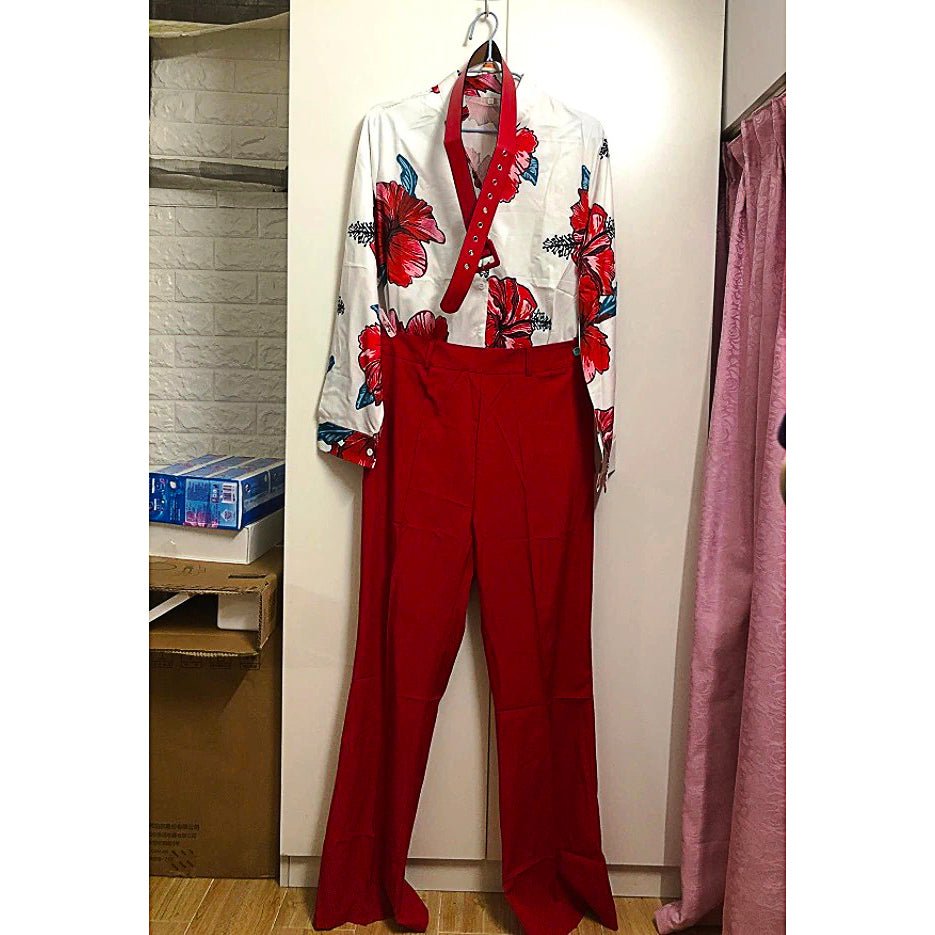 Pantsuit Dress Casual Fashion Suit Shirt & High Waist Pants Set Chic And Elegant D381 - Lusy Store