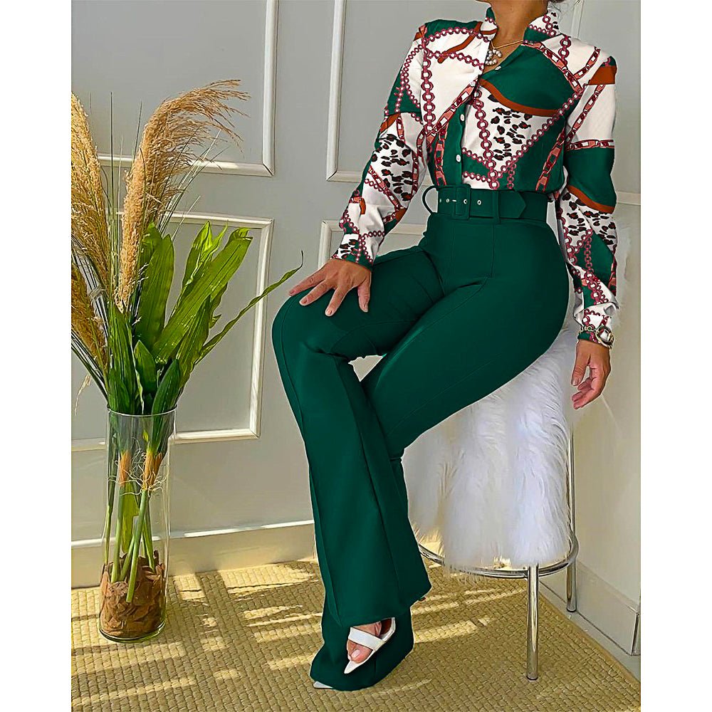 Pantsuit Dress Casual Fashion Suit Shirt & High Waist Pants Set Chic And Elegant D381 - Lusy Store