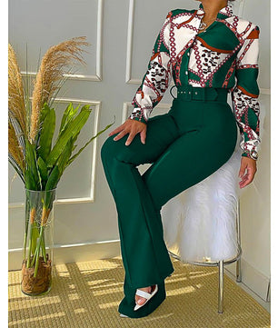 Pantsuit Dress Casual Fashion Suit Shirt & High Waist Pants Set Chic And Elegant D381 - Lusy Store