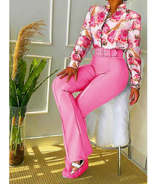 Pantsuit Dress Casual Fashion Suit Shirt & High Waist Pants Set Chic And Elegant D381 - Lusy Store