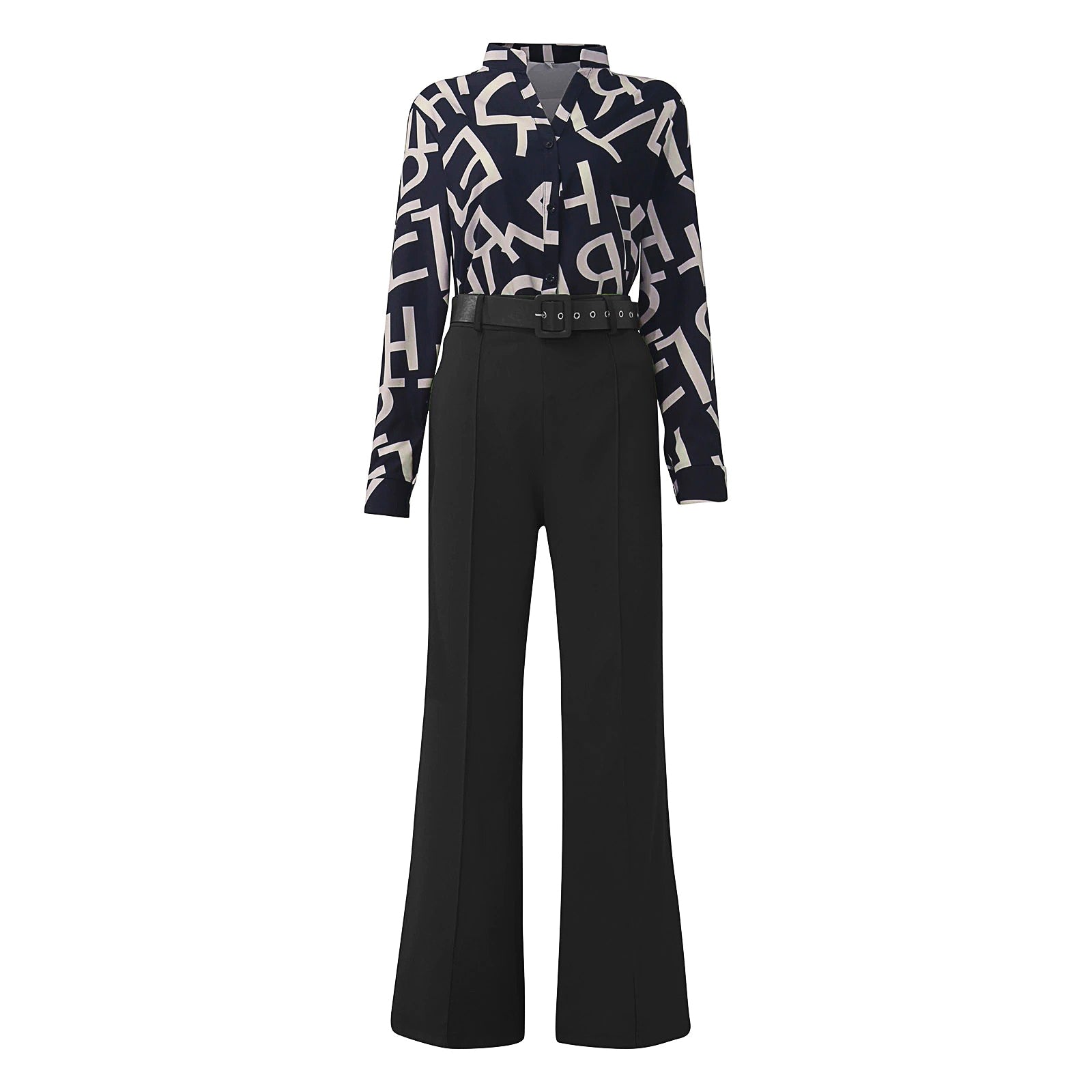 Pantsuit Dress Casual Fashion Suit Shirt & High Waist Pants Set Chic And Elegant D381 - Lusy Store