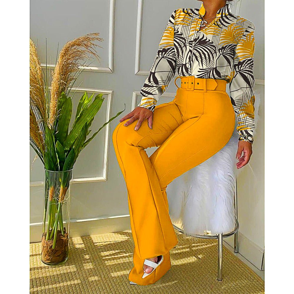Pantsuit Dress Casual Fashion Suit Shirt & High Waist Pants Set Chic And Elegant D381 - Lusy Store