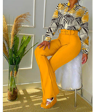 Pantsuit Dress Casual Fashion Suit Shirt & High Waist Pants Set Chic And Elegant D381 - Lusy Store